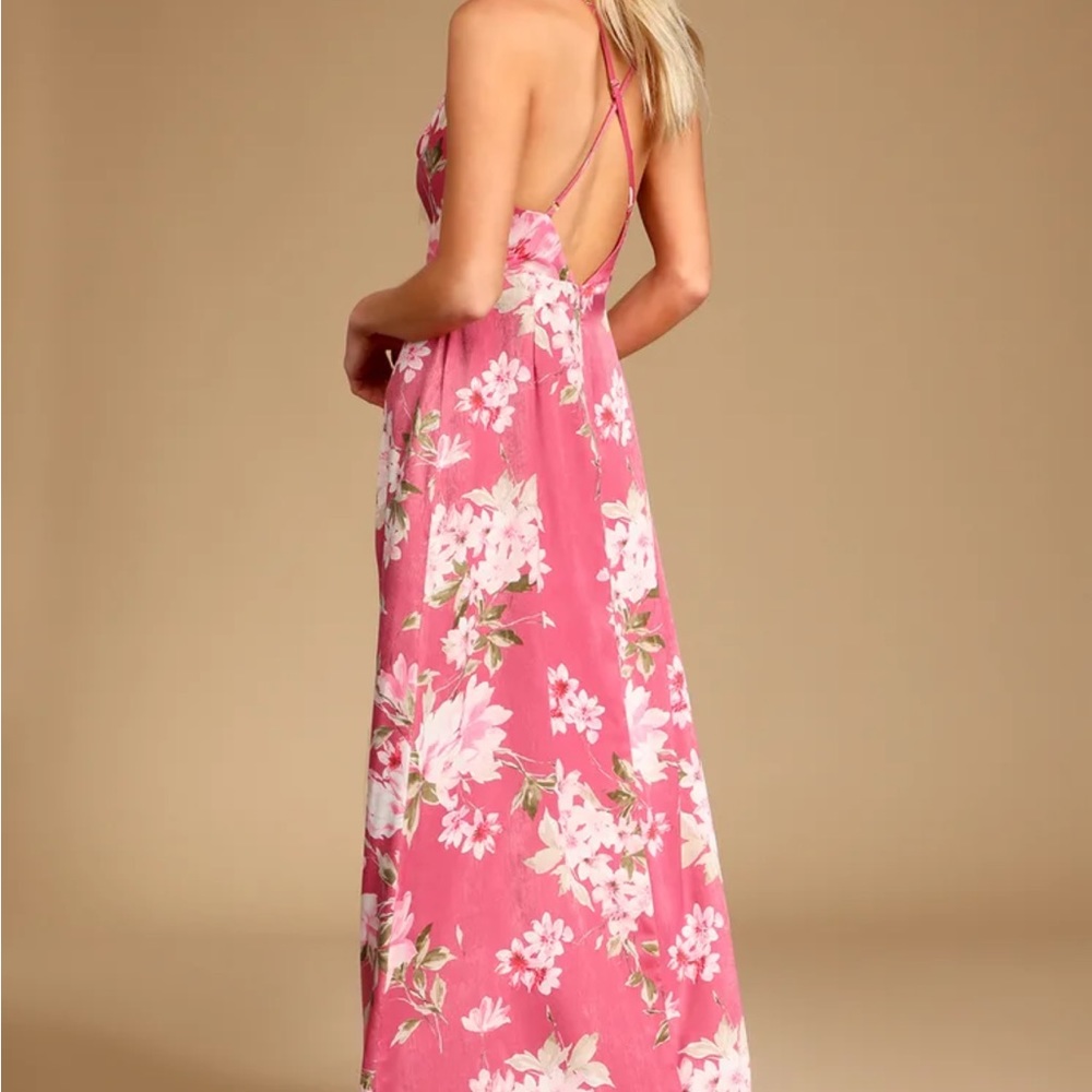 Lulus Love of Romance Pink Floral Print Satin Cowl Neck Maxi Dress